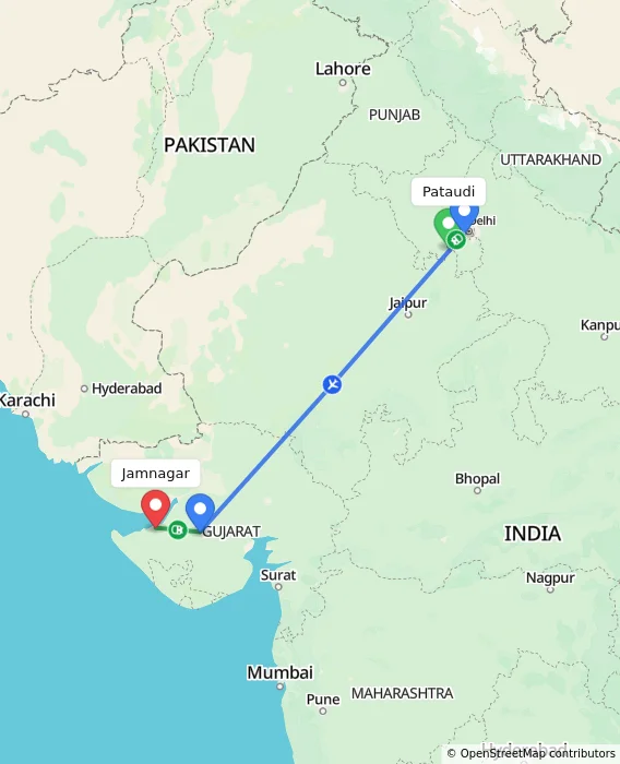 Route map showing distance and travel time from Pataudi, India to Jamnagar, India