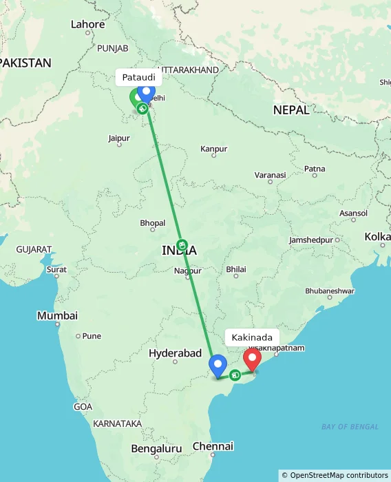 Route map showing distance and travel time from Pataudi, India to Kakinada, India