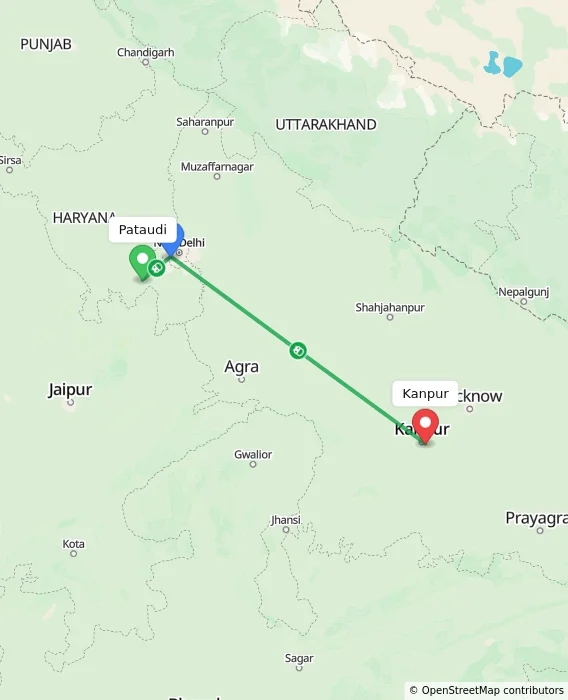 Route map showing distance and travel time from Pataudi, India to Kanpur, India