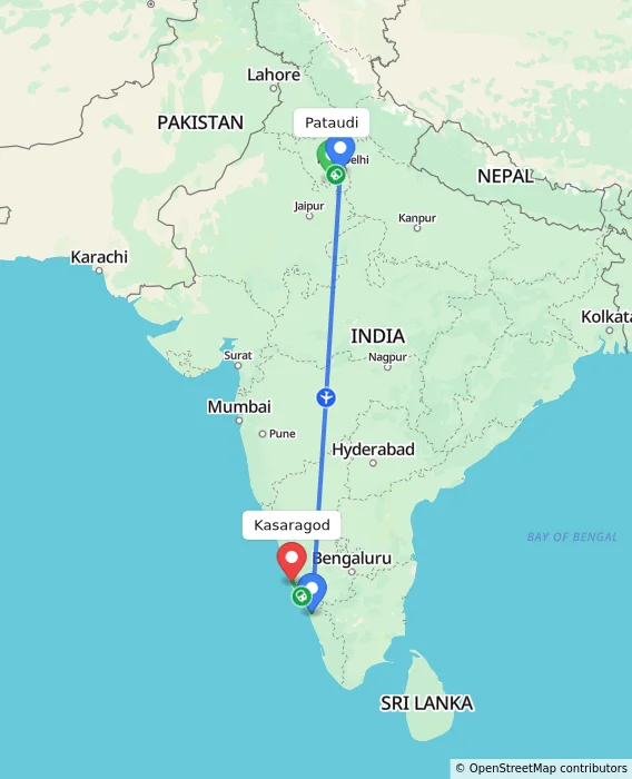 Route map showing distance and travel time from Pataudi, India to Kasaragod, India