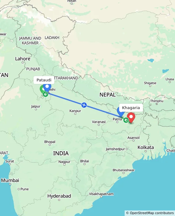 Route map showing distance and travel time from Pataudi, India to Khagaria, India
