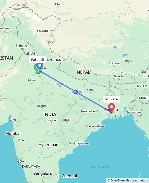 Route map showing distance and travel time from Pataudi, India to Kolkata, India