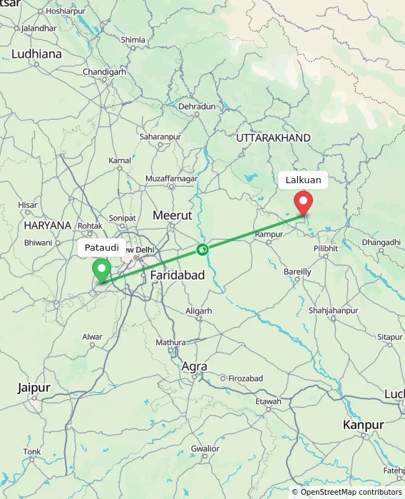 Route map showing distance and travel time from Pataudi, India to Lalkuan, India