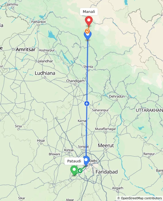 Route map showing distance and travel time from Pataudi, India to Manali, India