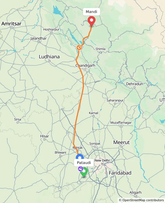 Route map showing distance and travel time from Pataudi, India to Mandi, India