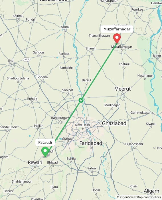 Route map showing distance and travel time from Pataudi, India to Muzaffarnagar, India