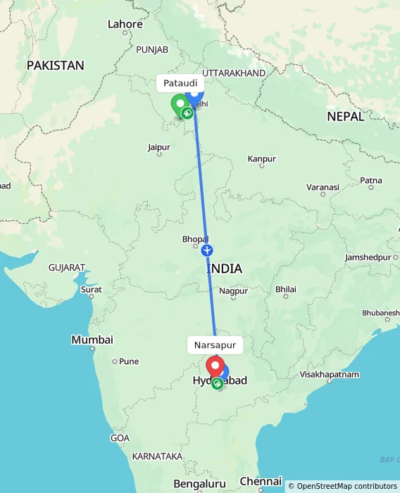 Route map showing distance and travel time from Pataudi, India to Narsapur, India