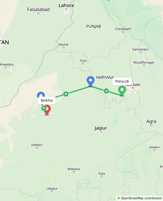 Route map showing distance and travel time from Pataudi, India to Nokha, India
