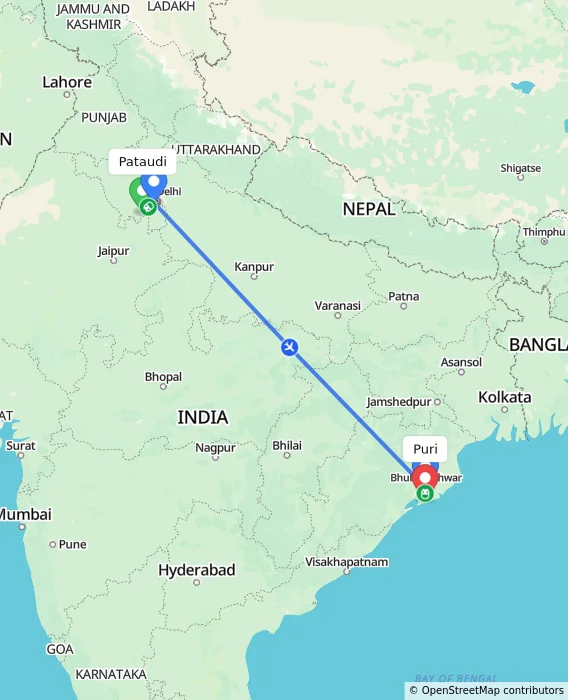 Route map showing distance and travel time from Pataudi, India to Puri, India