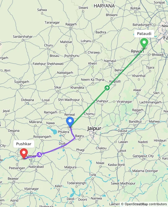 Route map showing distance and travel time from Pataudi, India to Pushkar, India