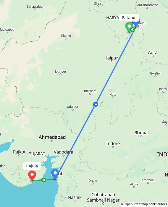 Route map showing distance and travel time from Pataudi, India to Rajula, India