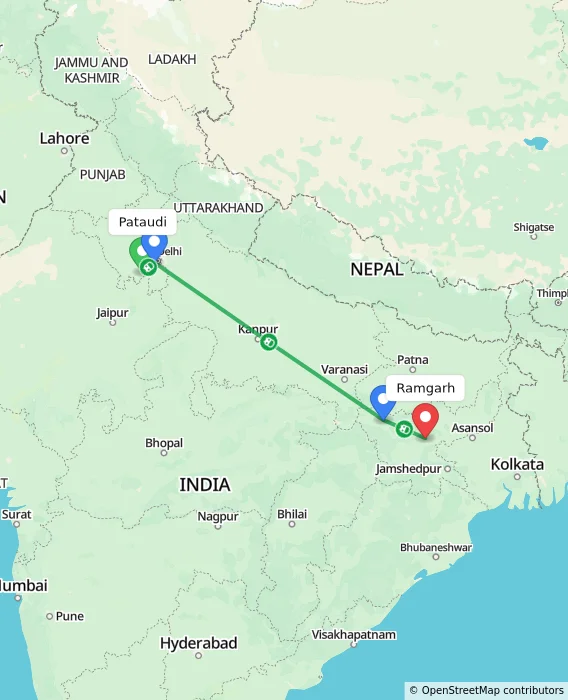 Route map showing distance and travel time from Pataudi, India to Ramgarh, India