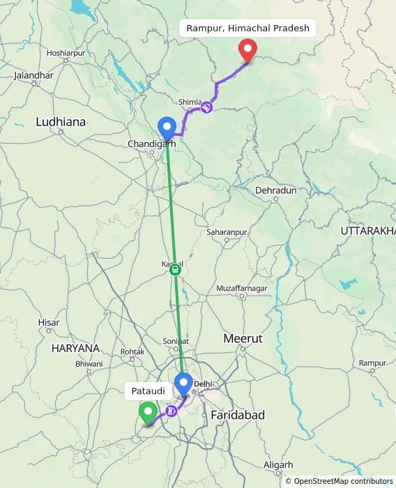Route map showing distance and travel time from Pataudi, India to Rampur, Himachal Pradesh, India