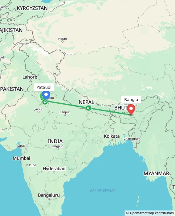Route map showing distance and travel time from Pataudi, India to Rangia, India