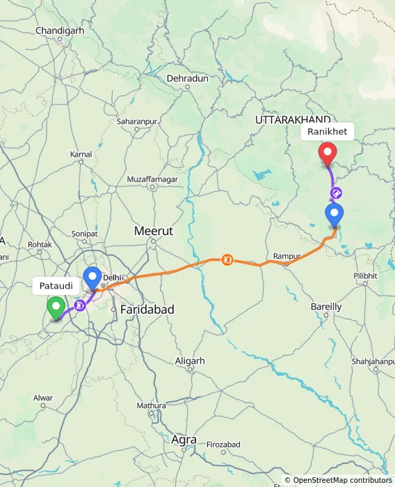 Route map showing distance and travel time from Pataudi, India to Ranikhet, India