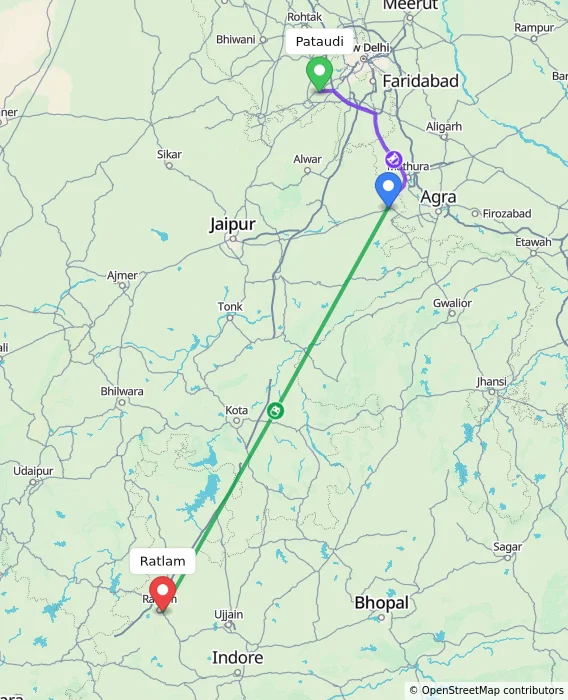 Route map showing distance and travel time from Pataudi, India to Ratlam, India
