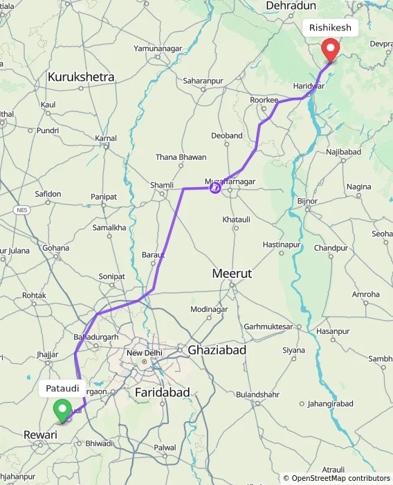 Route map showing distance and travel time from Pataudi, India to Rishikesh, India