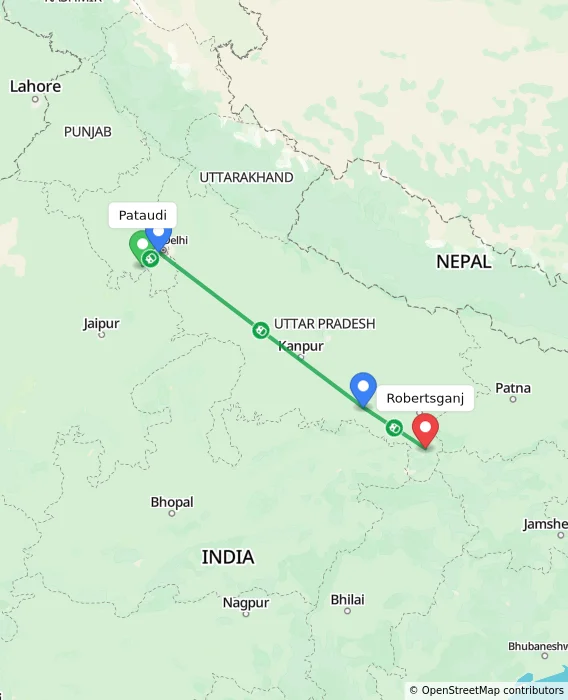 Route map showing distance and travel time from Pataudi, India to Robertsganj, India
