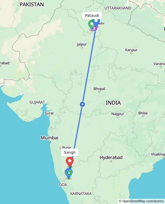 Route map showing distance and travel time from Pataudi, India to Sangli, India