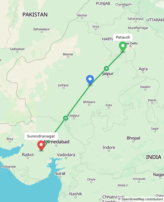 Route map showing distance and travel time from Pataudi, India to Surendranagar, India