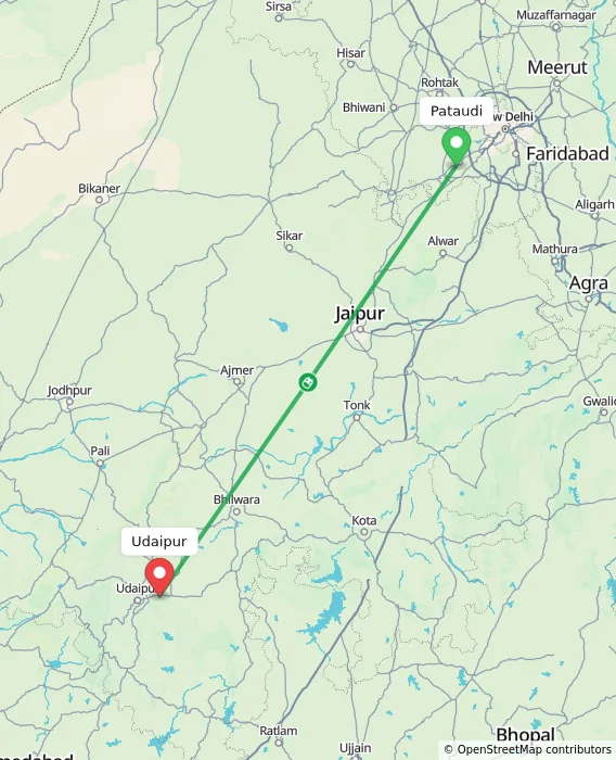Route map showing distance and travel time from Pataudi, India to Udaipur, India
