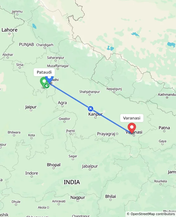 Route map showing distance and travel time from Pataudi, India to Varanasi, India