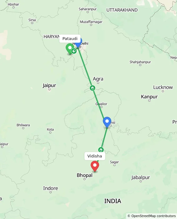 Route map showing distance and travel time from Pataudi, India to Vidisha, India