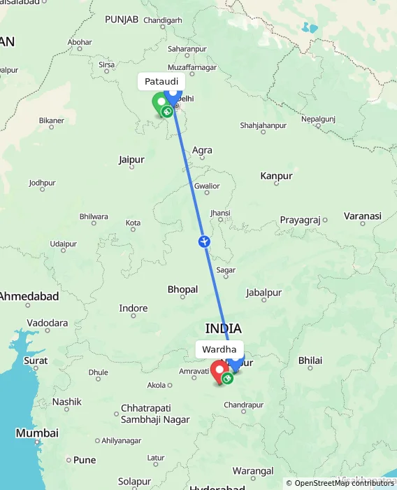 Route map showing distance and travel time from Pataudi, India to Wardha, India