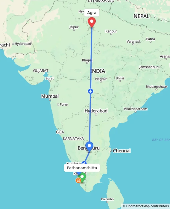 Route map showing distance and travel time from Pathanamthitta, India to Agra, India