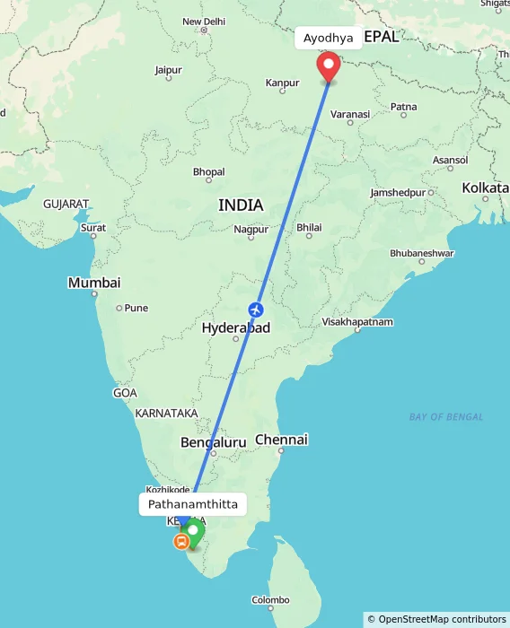 Route map showing distance and travel time from Pathanamthitta, India to Ayodhya, India