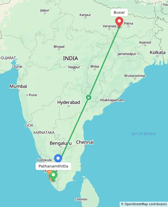 Route map showing distance and travel time from Pathanamthitta, India to Buxar, India