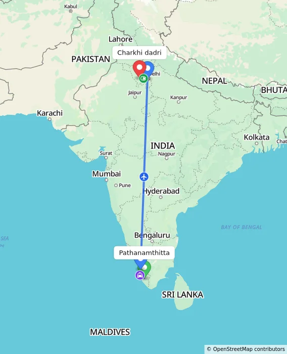 Route map showing distance and travel time from Pathanamthitta, India to Charkhi dadri, India