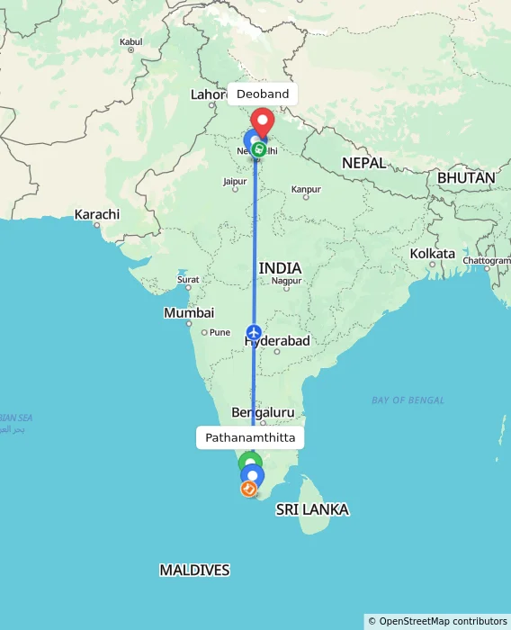 Route map showing distance and travel time from Pathanamthitta, India to Deoband, India
