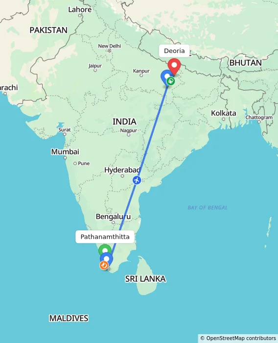 Route map showing distance and travel time from Pathanamthitta, India to Deoria, India