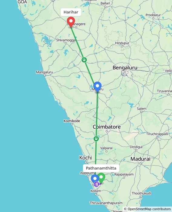 Route map showing distance and travel time from Pathanamthitta, India to Harihar, India