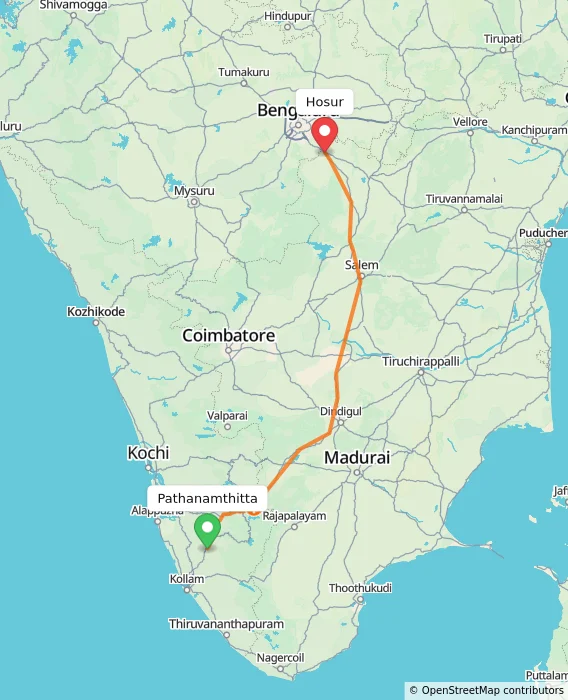 Route map showing distance and travel time from Pathanamthitta, India to Hosur, India