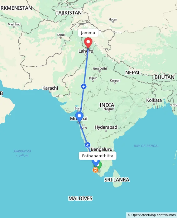 Route map showing distance and travel time from Pathanamthitta, India to Jammu, India