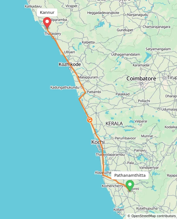 Route map showing distance and travel time from Pathanamthitta, India to Kannur, India