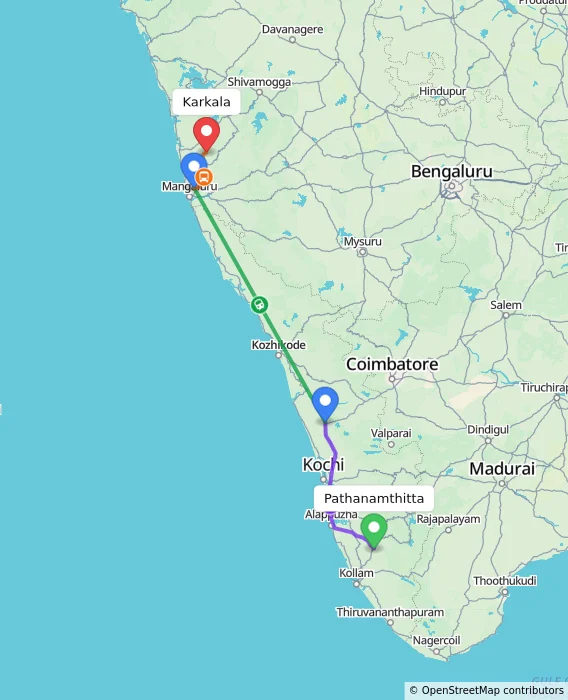 Route map showing distance and travel time from Pathanamthitta, India to Karkala, India