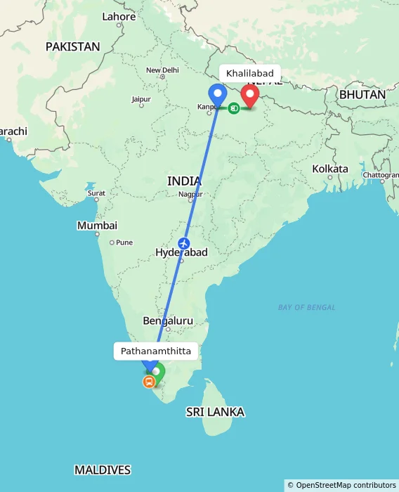 Route map showing distance and travel time from Pathanamthitta, India to Khalilabad, India