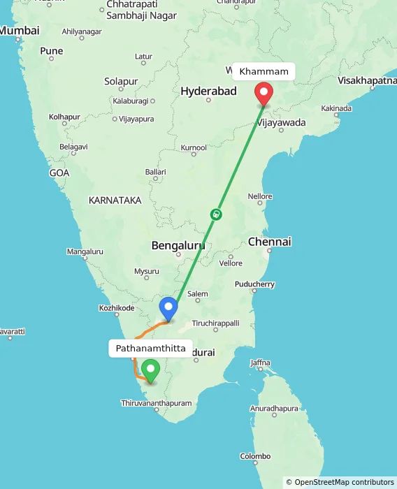 Route map showing distance and travel time from Pathanamthitta, India to Khammam, India