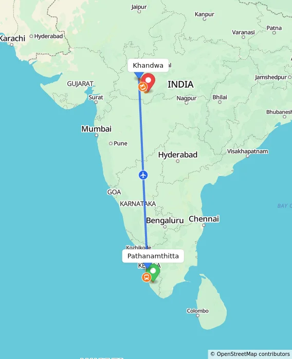 Route map showing distance and travel time from Pathanamthitta, India to Khandwa, India