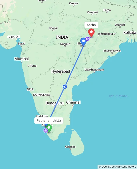 Route map showing distance and travel time from Pathanamthitta, India to Korba, India