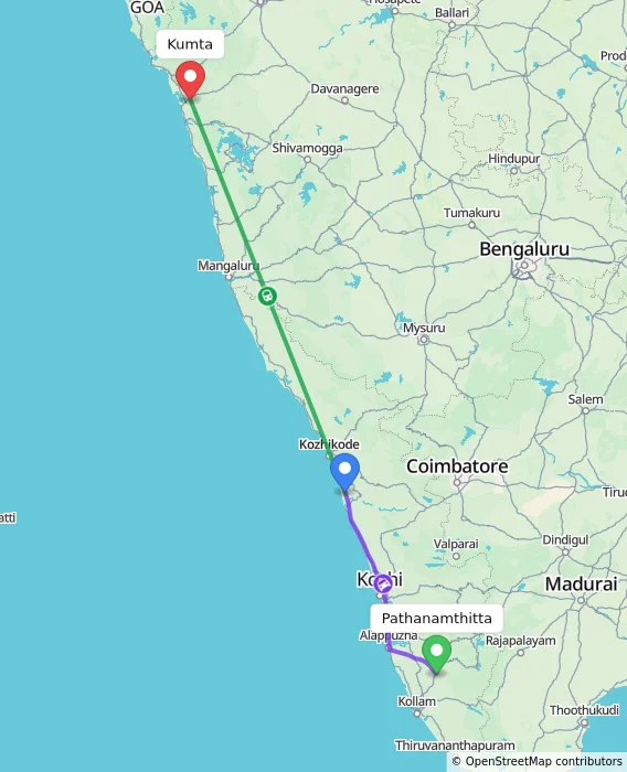 Route map showing distance and travel time from Pathanamthitta, India to Kumta, India