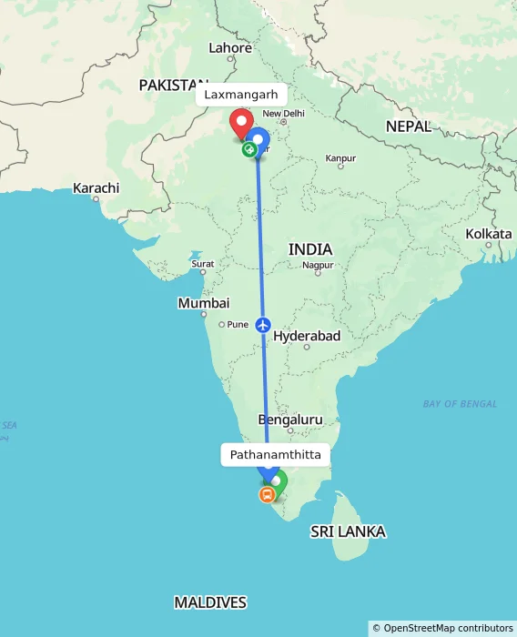 Route map showing distance and travel time from Pathanamthitta, India to Laxmangarh, India