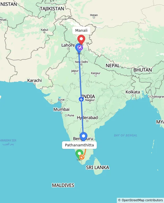 Route map showing distance and travel time from Pathanamthitta, India to Manali, India