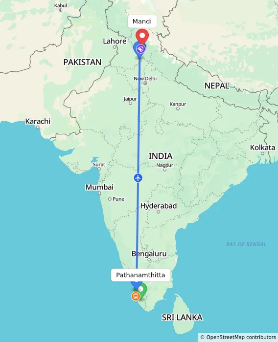 Route map showing distance and travel time from Pathanamthitta, India to Mandi, India