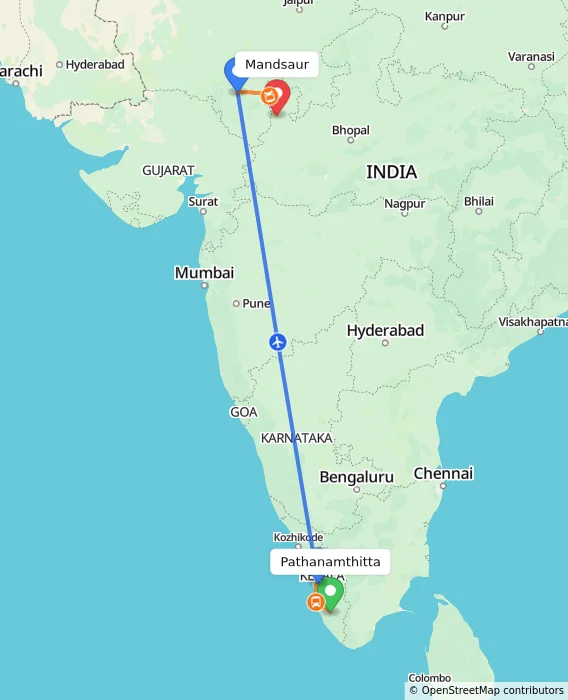Route map showing distance and travel time from Pathanamthitta, India to Mandsaur, India