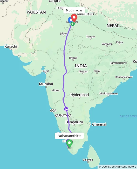 Route map showing distance and travel time from Pathanamthitta, India to Modinagar, India