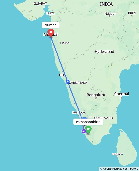 Route map showing distance and travel time from Pathanamthitta, India to Mumbai, India